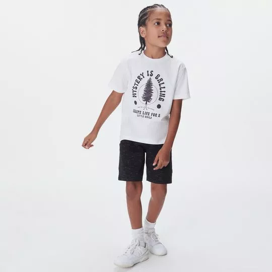 Conjunto De Camiseta Com Inscrição & Bermuda- Branco & Preto