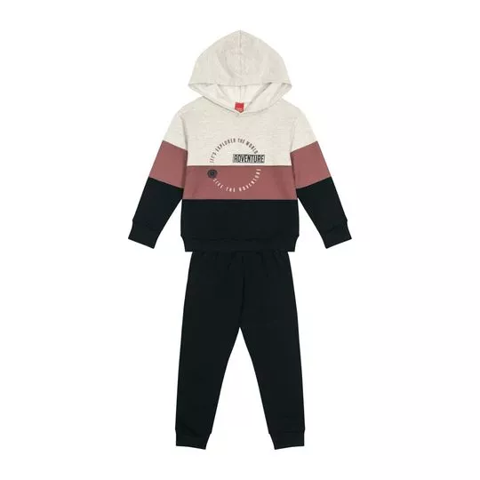 Conjunto De Blusão Com Inscrição & Calça Jogger- Cinza Claro & Preto
