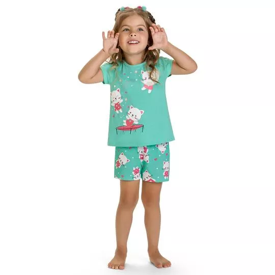 Pijama Gatinhos- Verde Água & Branco