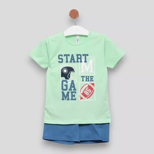 Conjunto De Blusa Com Inscrições & Bermuda- Verde Claro & Azul