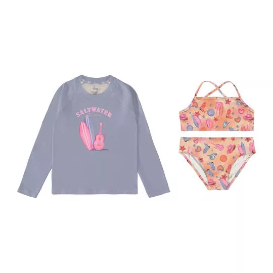 Conjunto De Blusa & Biquini Cropped Violão- Lilás & Laranja