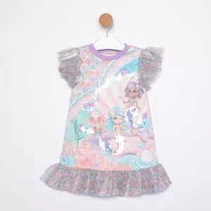 Vestido Sereias Com Tule<BR>- Laranja Claro & Azul Claro