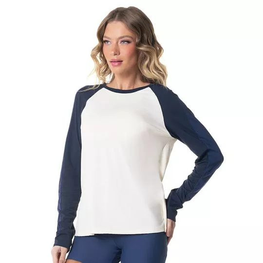 Blusa Com Recorte- Off White & Azul Marinho