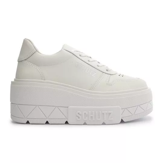 Tênis Plataforma Em Couro- Branco- Salto: 7cm