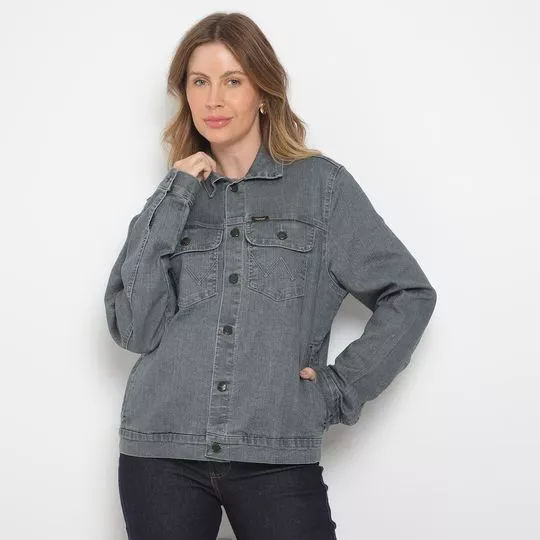 Jaqueta Jeans Com Bolsos- Cinza