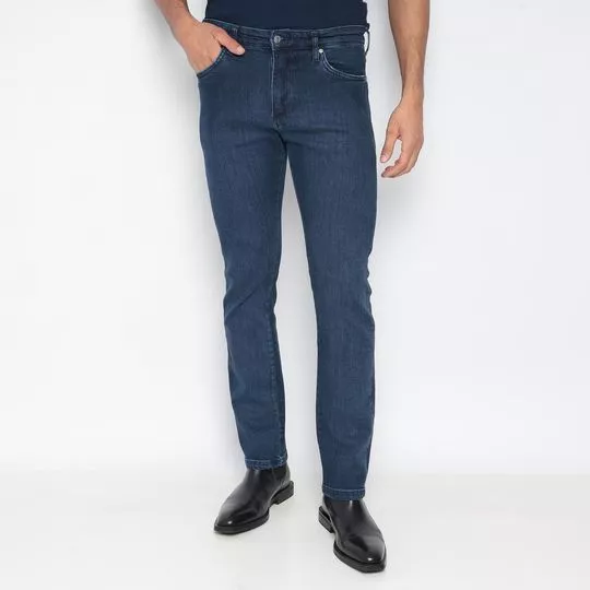 Calça Jeans Regular Fit Com Recortes- Azul Escuro