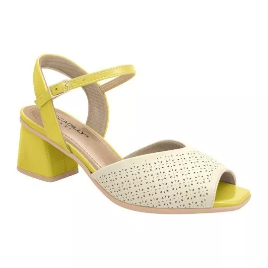 Sandália Com Microfuros- Off White & Verde Limão- Salto: 4cm