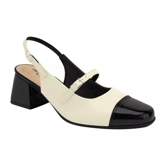 Slingback Com Fivela- Off White & Preto- Salto: 5cm