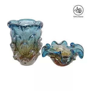 Jogo De Vaso & Centro De Mesa Com Bolhas<BR>- Cristal & Azul<BR>- 2Pçs