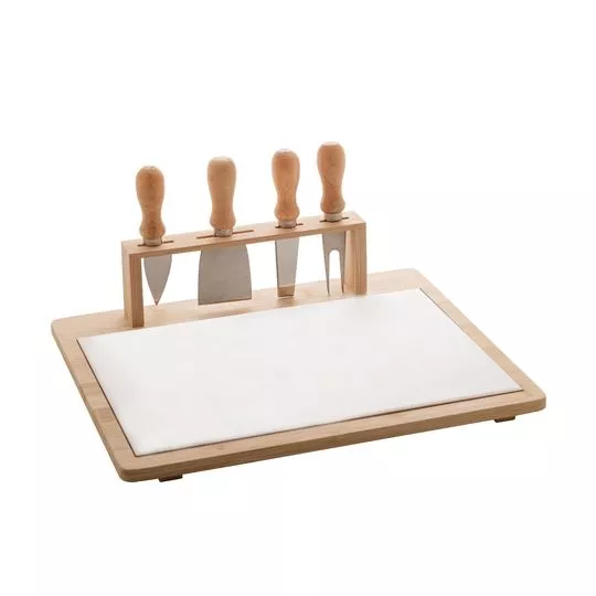Jogo De Bandeja & Facas Para Queijo- Inox & Branco- 5Pçs- Lyor