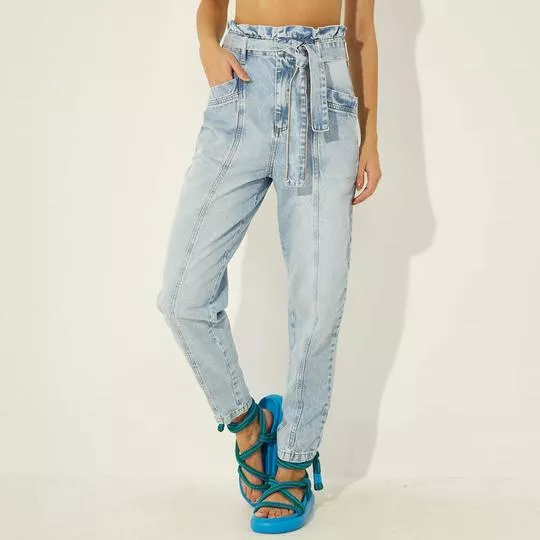 Calça Jeans Cropped Com Faixa- Azul Claro
