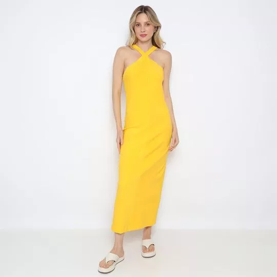 Vestido Longo Com Fenda- Amarelo