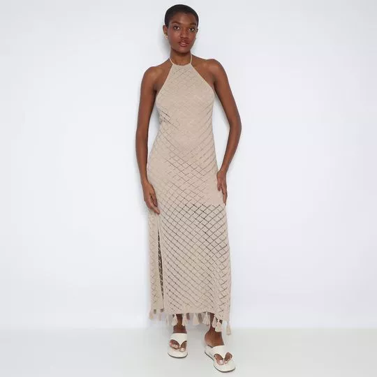 Vestido Longo Em Tricô- Bege Claro