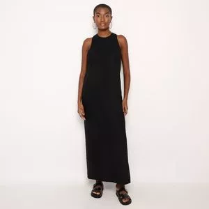 Vestido Longo Com Linho<BR>- Preto