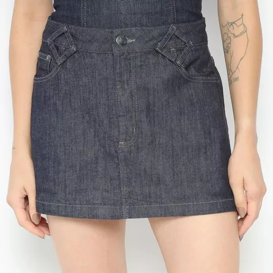 Short Saia Jeans Com Bolsos- Azul Marinho