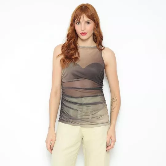 Blusa Degradê Em Tule- Bege Claro & Cinza Escuro