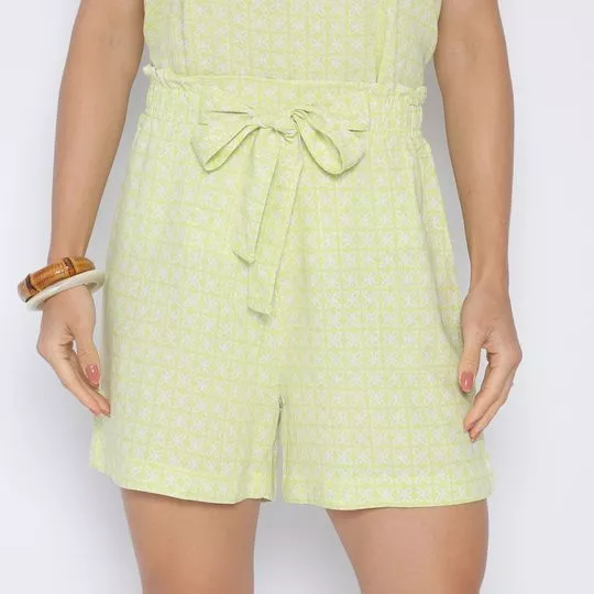 Short Com Linho- Verde Limão & Branco