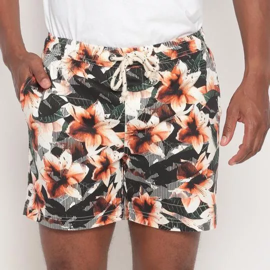 Short Floral Com Bolsos- Preto & Laranja- Aeropostale
