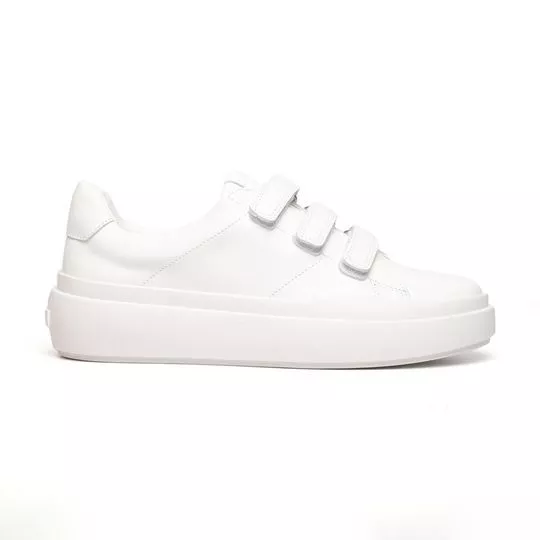Tênis Plataforma Em Couro Com Pespontos- Branco- Salto: 5cm