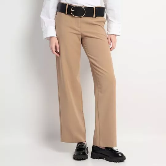 Calça Reta Com Cinto- Bege