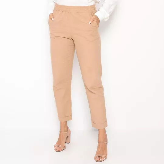 Calça Cropped Com Recortes- Bege Claro- Vip Reserva