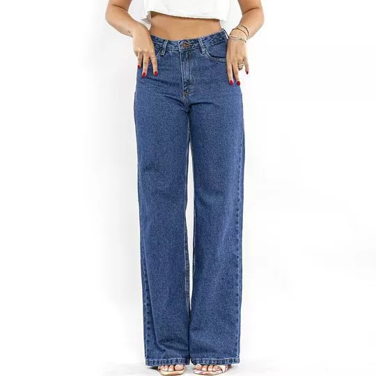 Calça Jeans Wide Leg Com Bolsos- Azul Escuro- Consciência Jeans