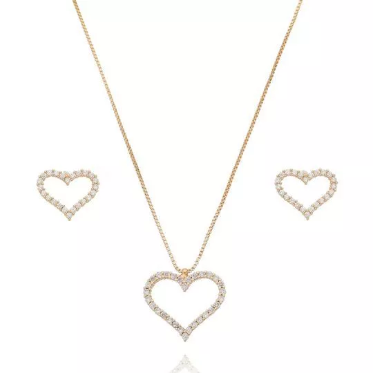 Conjunto De Par De Brincos & Colar Banhado A Ouro- Incolor & Dourado- 2Pçs