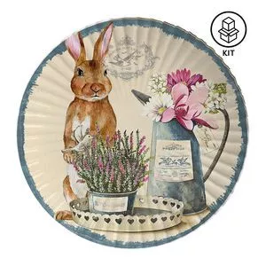 Jogo De Pratos Raso Bunny Vintage<BR>- Bege Claro & Azul Escuro<BR>- 6Pçs<BR>- Scalla Cerâmica