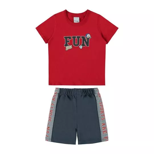 Conjunto De Camiseta & Bermuda Com Inscrição- Vermelho & Cinza Escuro- Malwee Kids