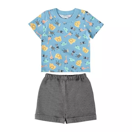 Conjunto De Camiseta Bichinhos & Short Liso- Azul Claro & Cinza Escuro- Malwee Kids