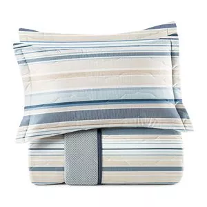 Conjunto De Colcha Listrado King Size<BR>- Off White & Azul Marinho<BR>- 3Pçs