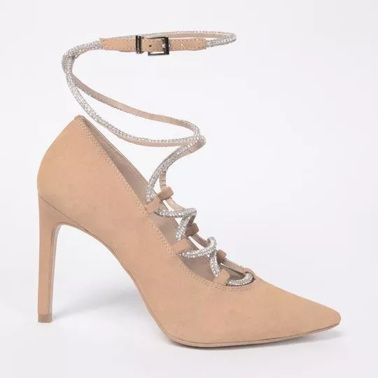 Scarpin Em Couro Com Strass - Bege & Prateado - Salto: 10cm - Lança Perfume