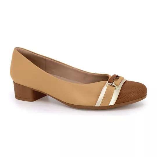 Sapato Em Couro Com Aviamento- Bege & Marrom- Usaflex