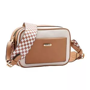 Bolsa Transversal Com Bolso<BR>- Off White & Marrom<BR>- 16x24x9cm