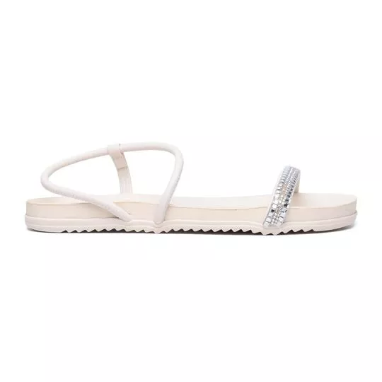 Sandália Rasteira Com Pedrarias- Off White- VIA UNO