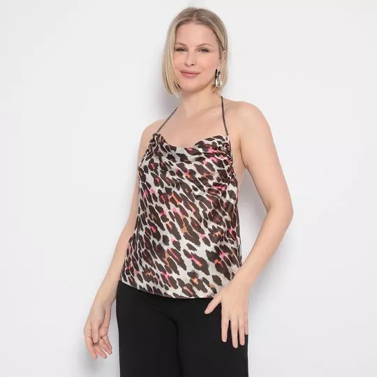 Blusa Frente Única Acetinada- Off White & Marrom Escuro- ZINCO