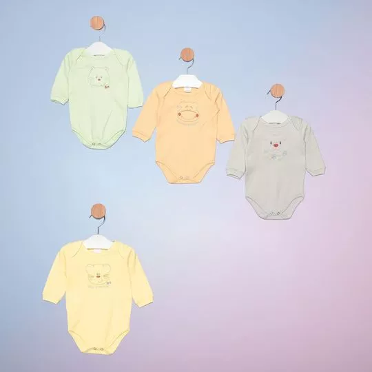 Kit De Bodies Com Bordados- 4Pçs- Bicho Molhado