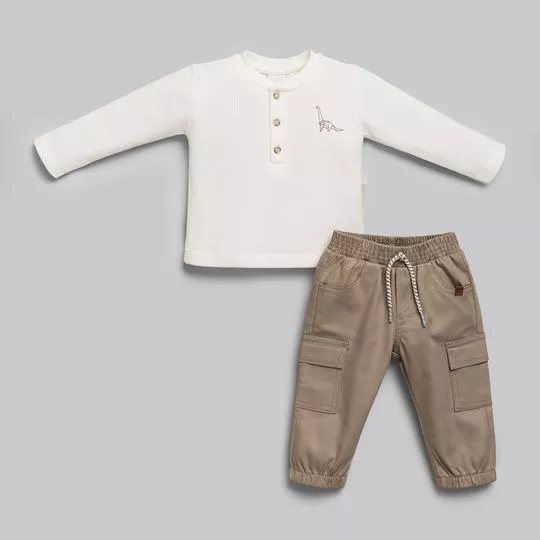 Conjunto De Camiseta Texturizada & Calça Jogger- Branco & Bege