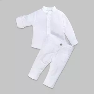 Conjunto De Camisa Com Laço & Calça Reta Para Batizado<BR>- Branco