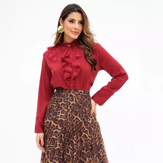 Camisa Com Renda & Babados- Vinho- Polo Club