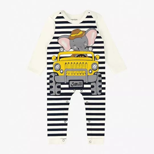 Macacão Elefante- Off White & Preto- Rovitex