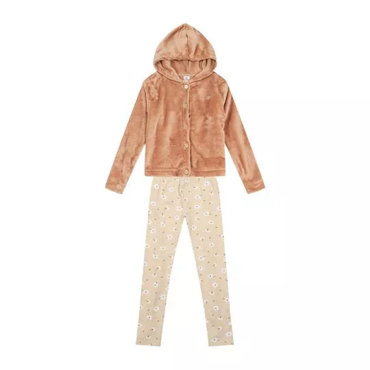 Conjunto Com Casaco Aveludado- Marrom & Bege Claro