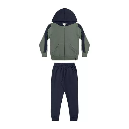 Conjunto De Jaqueta Com Capuz & Calça Jogger- Verde Escuro & Azul Marinho