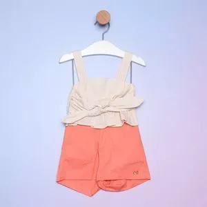Conjunto De Cropped Com Nó & Short<BR>- Bege & Salmão<BR>- Luluzinha