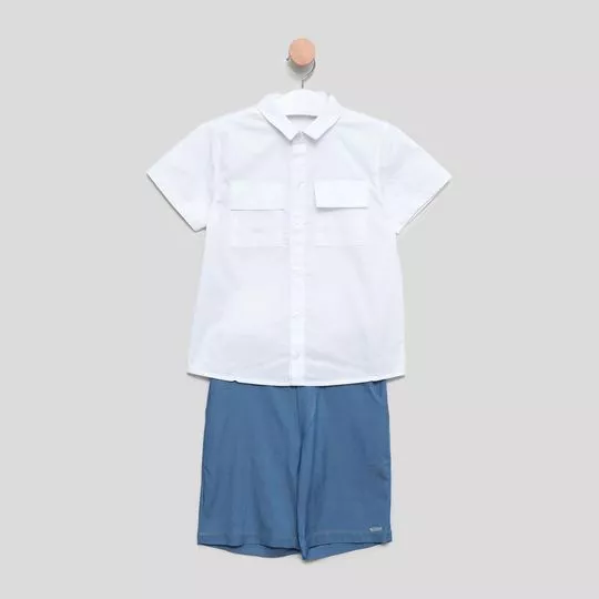 Conjunto De Camisa & Bermuda Com Linho- Branco & Azul- Oliver