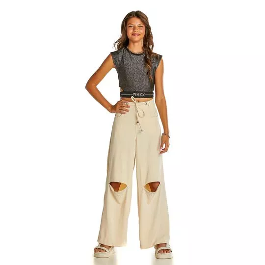 Calça Wide Leg Com Amarração- Bege- Pinkx