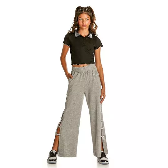 Calça Wide Leg Com Fendas- Cinza- Pinkx