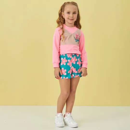 Conjunto De Blusa & Short Floral- Rosa & Azul