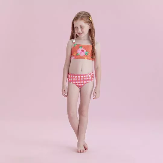 Biquini Cropped Floral- Laranja & Off White
