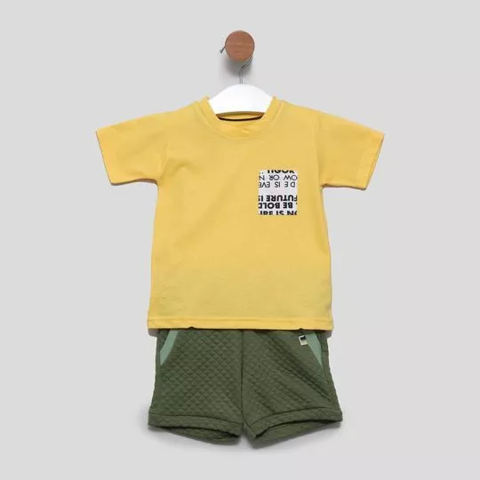 Conjunto De Camiseta Com Bolso & Bermuda- Amarelo & Verde Escuro